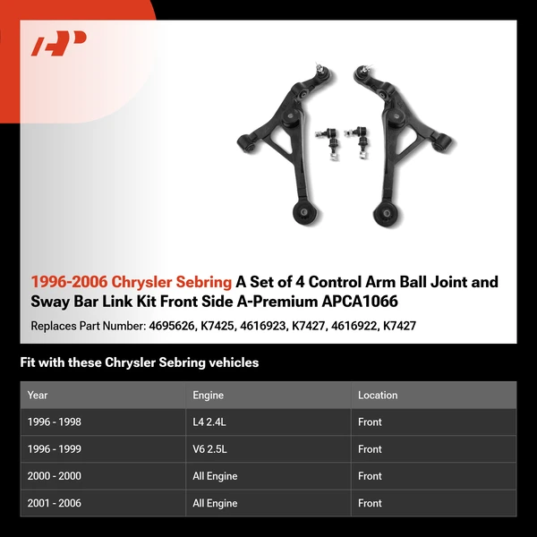 1996-2006 Chrysler Sebring A Set of 4 Control Arm Ball Joint and Sway Bar Link Kit Front Side A-Premium APCA1066