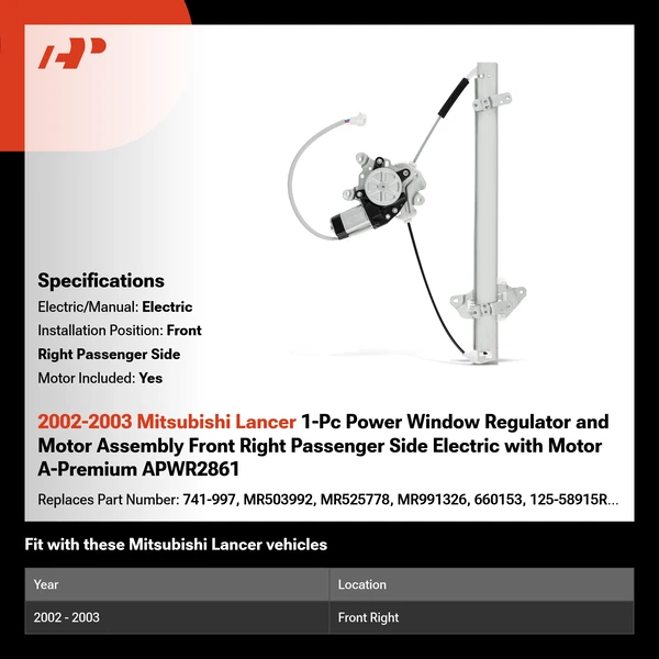 2002-2003 Mitsubishi Lancer 1-Pc Power Window Regulator and Motor Assembly Front Right Passenger Side Electric with Motor A-Premium APWR2861