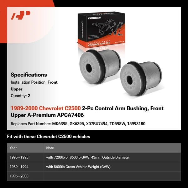 1989-2000 Chevrolet C2500 2-Pc Control Arm Bushing, Front Upper A-Premium APCA7406