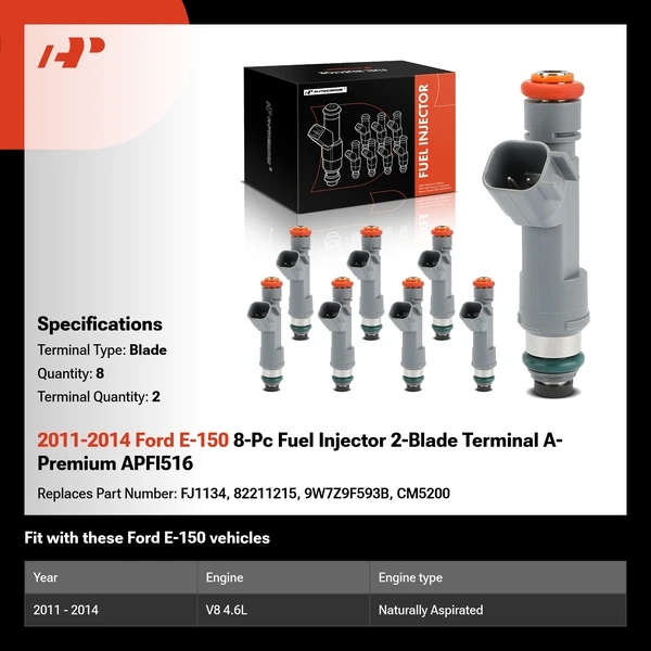2011-2014 Ford E-150 8-Pc Fuel Injector 2-Blade Terminal A-Premium APFI516