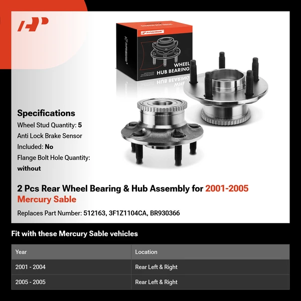 2 Pcs Rear Wheel Bearing & Hub Assembly for 2001-2005 Mercury Sable