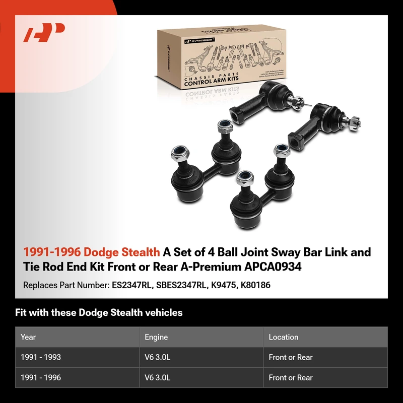 1991-1996 Dodge Stealth A Set of 4 Ball Joint Sway Bar Link and Tie Rod End Kit Front or Rear A-Premium APCA0934