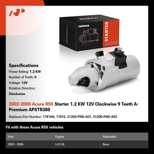 2002-2006 Acura RSX Starter 1.2 KW 12V Clockwise 9 Teeth A-Premium APSTR388