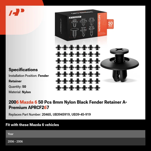 2006 Mazda 6 50 Pcs 8mm Nylon Black Fender Retainer A-Premium APRCF267