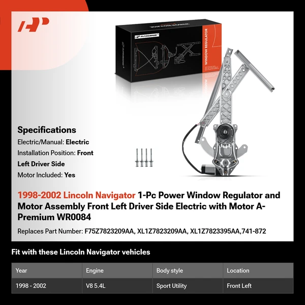 1998-2002 Lincoln Navigator 1-Pc Power Window Regulator and Motor Assembly Front Left Driver Side Electric with Motor A-Premium WR0084
