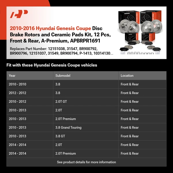 2010-2016 Hyundai Genesis Coupe Disc Brake Rotors and Ceramic Pads Kit, 12 Pcs, Front & Rear, A-Premium, APBRPR1691