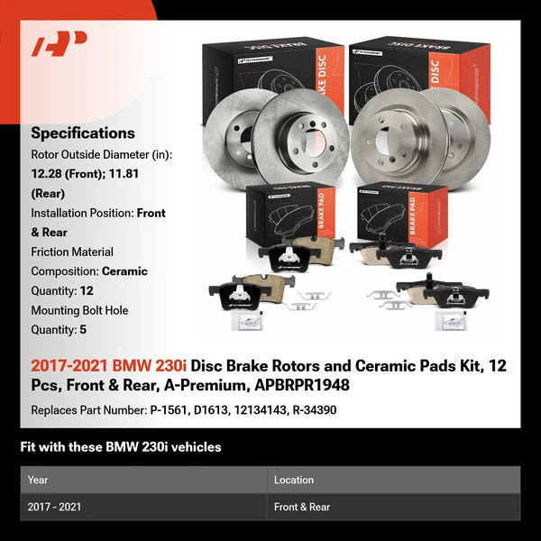 2017-2021 BMW 230i Disc Brake Rotors and Ceramic Pads Kit, 12 Pcs, Front & Rear, A-Premium, APBRPR1948