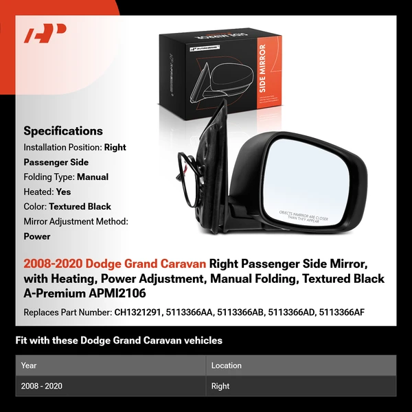 2008-2020 Dodge Grand Caravan Right Passenger Side Mirror, with Heating, Power Adjustment, Manual Folding, Textured Black A-Premium APMI2106