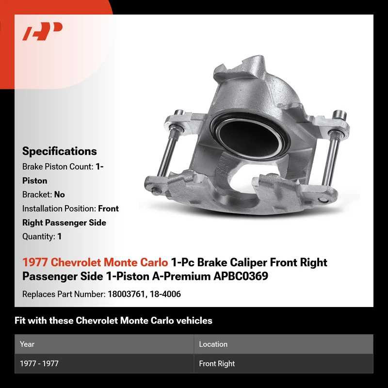 1977 Chevrolet Monte Carlo 1-Pc Brake Caliper Front Right Passenger Side 1-Piston A-Premium APBC0369