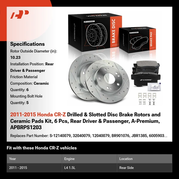 2011-2015 Honda CR-Z Drilled & Slotted Disc Brake Rotors and Ceramic Pads Kit, 6 Pcs, Rear Driver & Passenger, A-Premium, APBRPS1203
