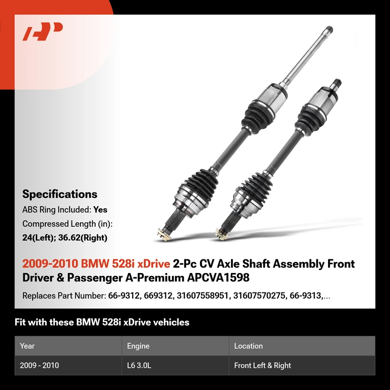 2009-2010 BMW 528i xDrive 2-Pc CV Axle Shaft Assembly Front Driver & Passenger A-Premium APCVA1598