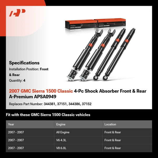 2007 GMC Sierra 1500 Classic 4-Pc Shock Absorber Front & Rear A-Premium APSA0949