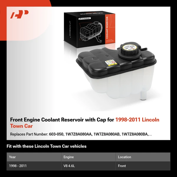 Front Engine Coolant Reservoir with Cap for 1998-2011 Lincoln Town Car