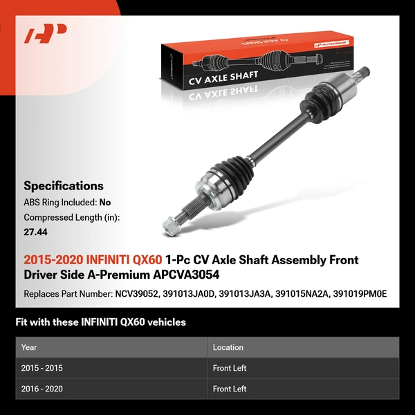 2015-2020 INFINITI QX60 1-Pc CV Axle Shaft Assembly Front Driver Side A-Premium APCVA3054