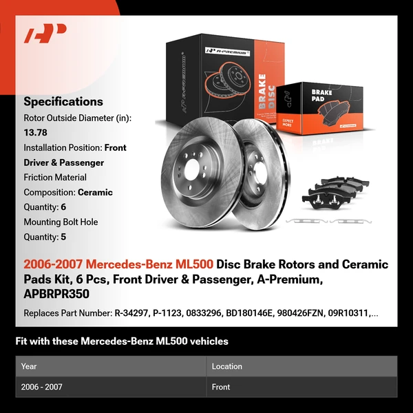 2006-2007 Mercedes-Benz ML500 Disc Brake Rotors and Ceramic Pads Kit, 6 Pcs, Front Driver & Passenger, A-Premium, APBRPR350