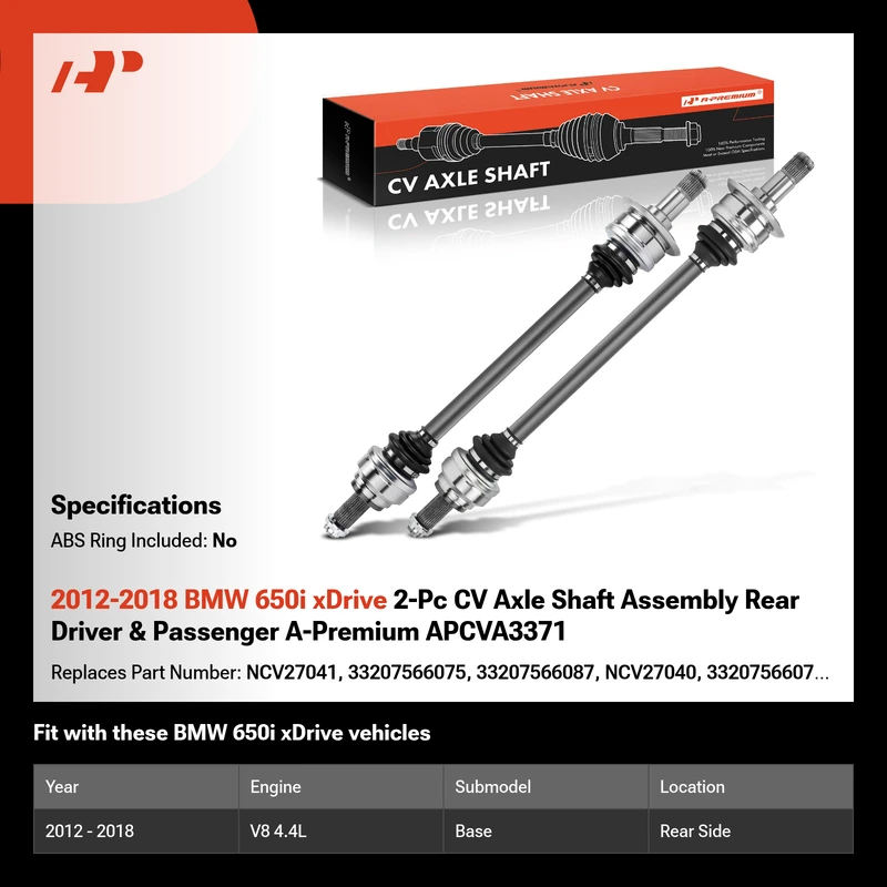 2012-2018 BMW 650i xDrive 2-Pc CV Axle Shaft Assembly Rear Driver & Passenger A-Premium APCVA3371