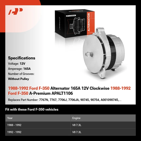 1988-1992 Ford F-350 Alternator 165A 12V Clockwise 1988-1992 Ford F-350 A-Premium APALT1106