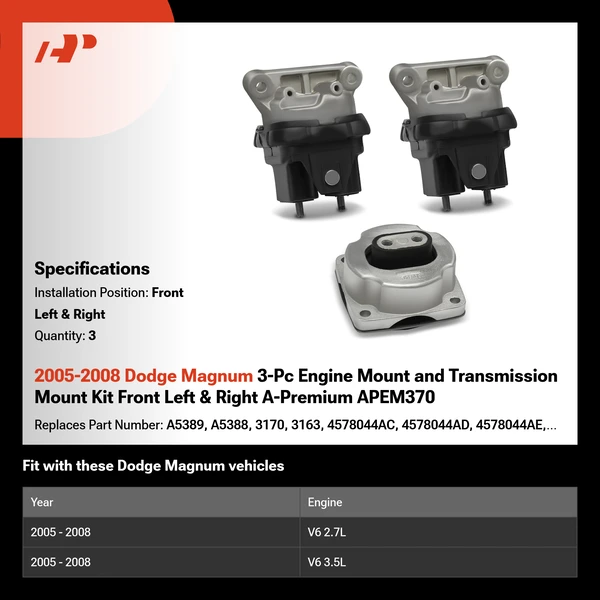2005-2008 Dodge Magnum 3-Pc Engine Mount and Transmission Mount Kit Front Left & Right A-Premium APEM370