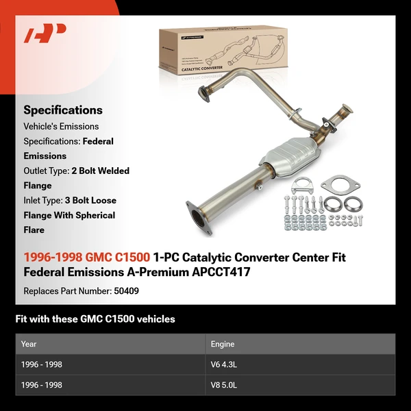 1996-1998 GMC C1500 1-PC Catalytic Converter Center Fit Federal Emissions A-Premium APCCT417