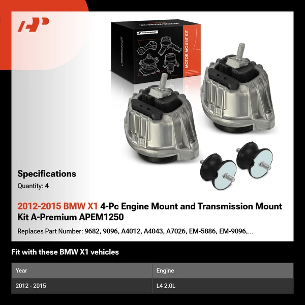2012-2015 BMW X1 4-Pc Engine Mount and Transmission Mount Kit A-Premium APEM1250