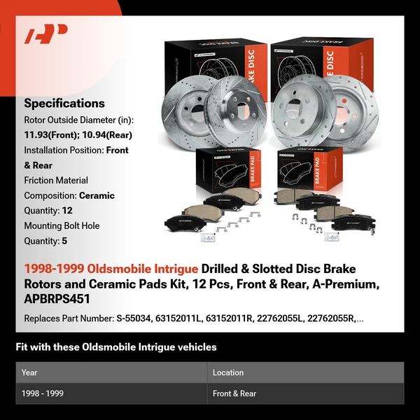 1998-1999 Oldsmobile Intrigue Drilled & Slotted Disc Brake Rotors and Ceramic Pads Kit, 12 Pcs, Front & Rear, A-Premium, APBRPS451