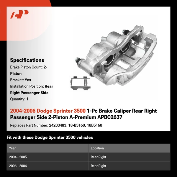 2004-2006 Dodge Sprinter 3500 1-Pc Brake Caliper Rear Right Passenger Side 2-Piston A-Premium APBC2637