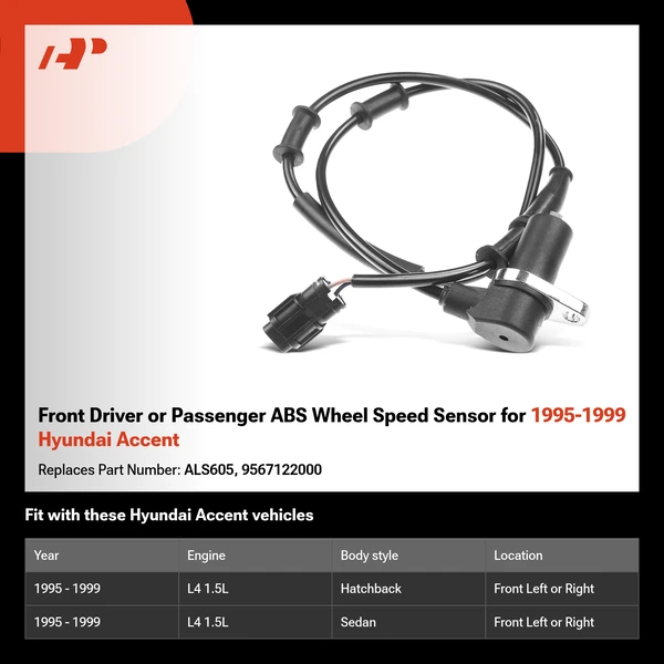 Front Driver or Passenger ABS Wheel Speed Sensor for 1995-1999 Hyundai Accent