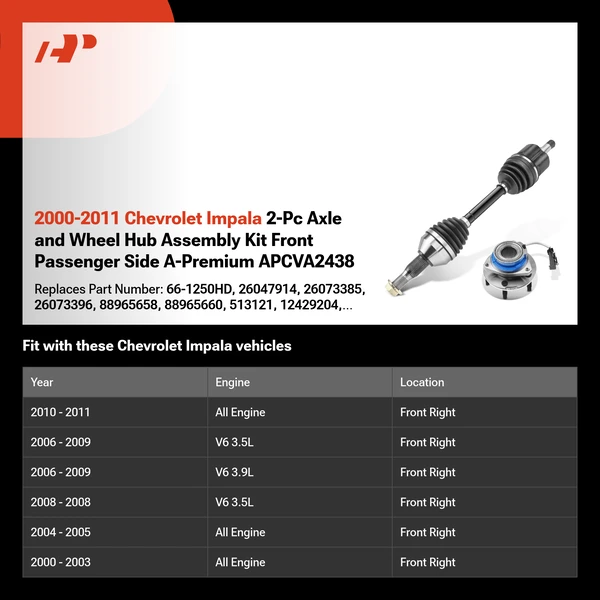 2000-2011 Chevrolet Impala 2-Pc Axle and Wheel Hub Assembly Kit Front Passenger Side A-Premium APCVA2438