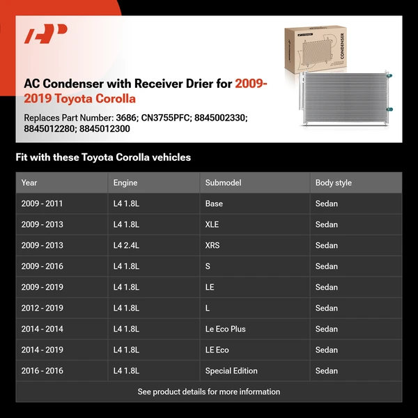 AC Condenser with Receiver Drier for 2009-2019 Toyota Corolla