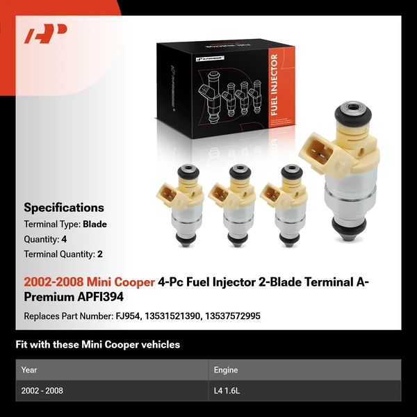 2002-2008 Mini Cooper 4-Pc Fuel Injector 2-Blade Terminal A-Premium APFI394