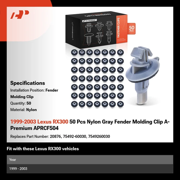 1999-2003 Lexus RX300 50 Pcs Nylon Gray Fender Molding Clip A-Premium APRCF504