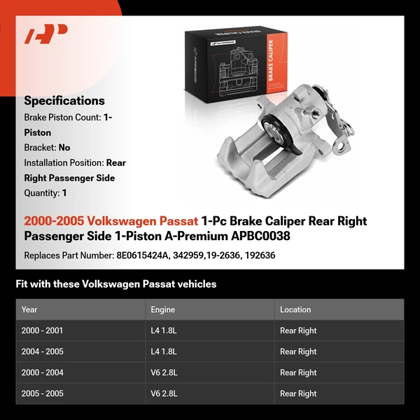 2000-2005 Volkswagen Passat 1-Pc Brake Caliper Rear Right Passenger Side 1-Piston A-Premium APBC0038