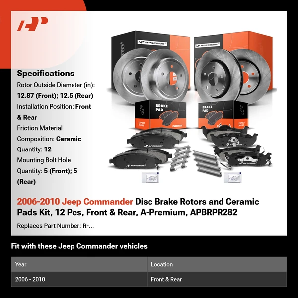2006-2010 Jeep Commander Disc Brake Rotors and Ceramic Pads Kit, 12 Pcs, Front & Rear, A-Premium, APBRPR282