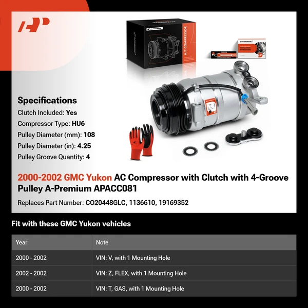 2000-2002 GMC Yukon AC Compressor with Clutch with 4-Groove Pulley A-Premium APACC081