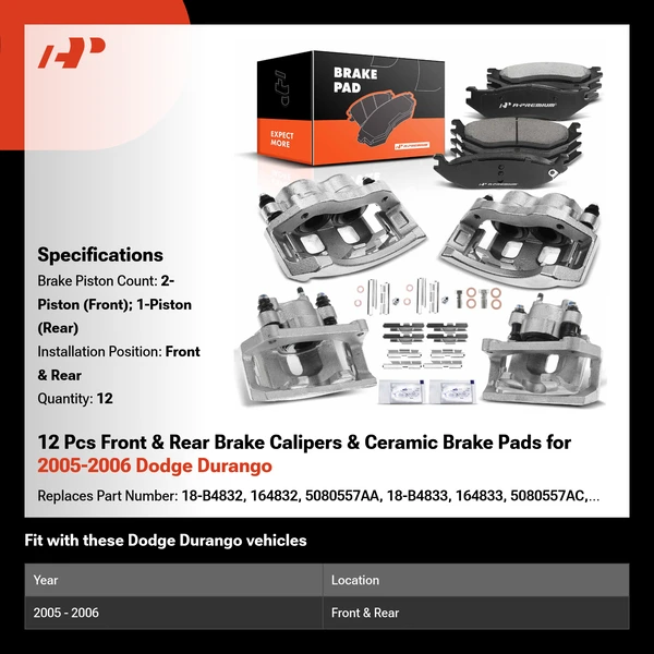 12 Pcs Front & Rear Brake Calipers & Ceramic Brake Pads for 2005-2006 Dodge Durango