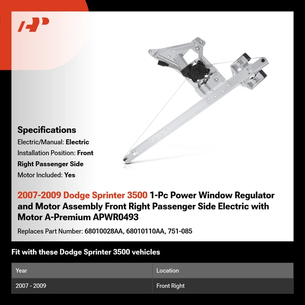 2007-2009 Dodge Sprinter 3500 1-Pc Power Window Regulator and Motor Assembly Front Right Passenger Side Electric with Motor A-Premium APWR0493