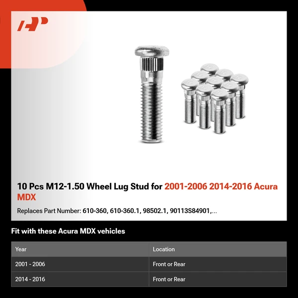 10 Pcs M12-1.50 Wheel Lug Stud for 2001-2006 2014-2016 Acura MDX