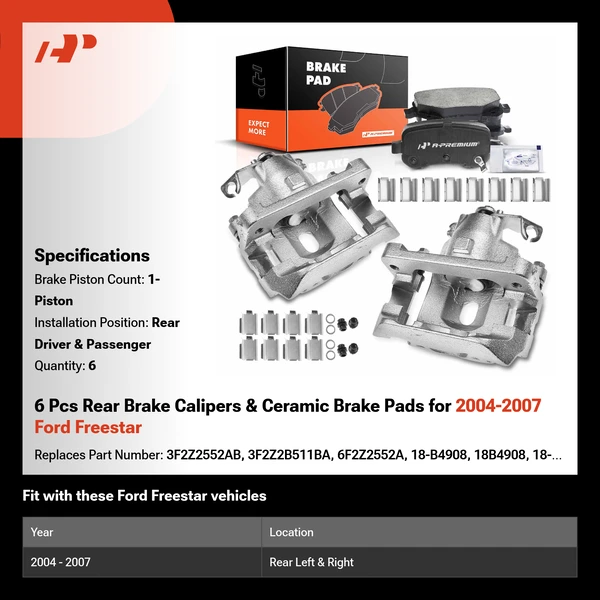 6 Pcs Rear Brake Calipers & Ceramic Brake Pads for 2004-2007 Ford Freestar
