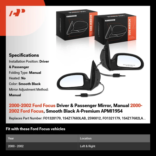 2000-2002 Ford Focus Driver & Passenger Mirror, Manual 2000-2002 Ford Focus, Smooth Black A-Premium APMI1954