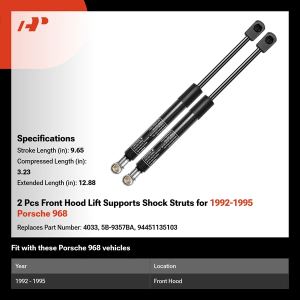 2 Pcs Front Hood Lift Supports Shock Struts for 1992-1995 Porsche 968