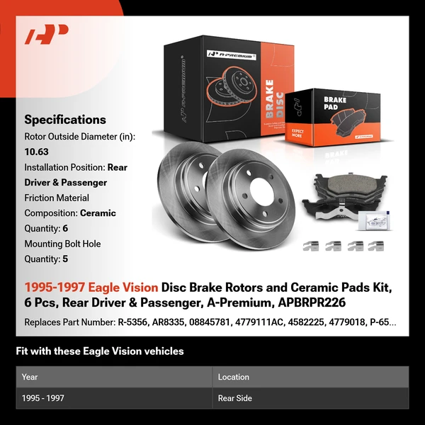 1995-1997 Eagle Vision Disc Brake Rotors and Ceramic Pads Kit, 6 Pcs, Rear Driver & Passenger, A-Premium, APBRPR226