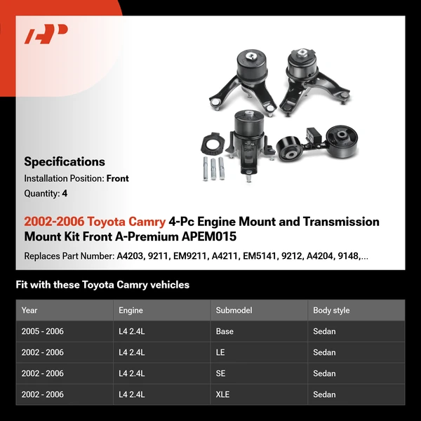 2002-2006 Toyota Camry 4-Pc Engine Mount and Transmission Mount Kit Front A-Premium APEM015