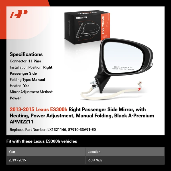 2013-2015 Lexus ES300h Right Passenger Side Mirror, with Heating, Power Adjustment, Manual Folding, Black A-Premium APMI2211