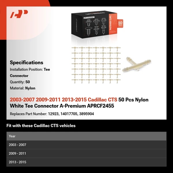 2003-2007 2009-2011 2013-2015 Cadillac CTS 50 Pcs Nylon White Tee Connector A-Premium APRCF2455