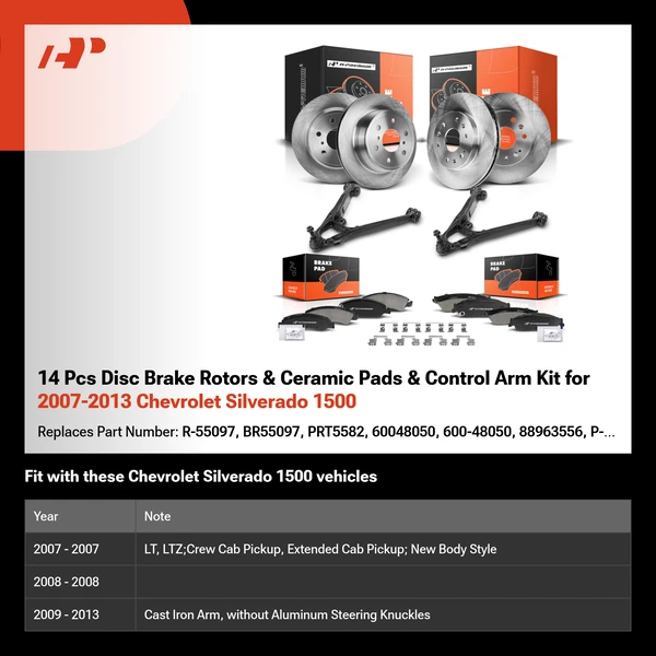 14 Pcs Disc Brake Rotors & Ceramic Pads & Control Arm Kit for 2007-2013 Chevrolet Silverado 1500