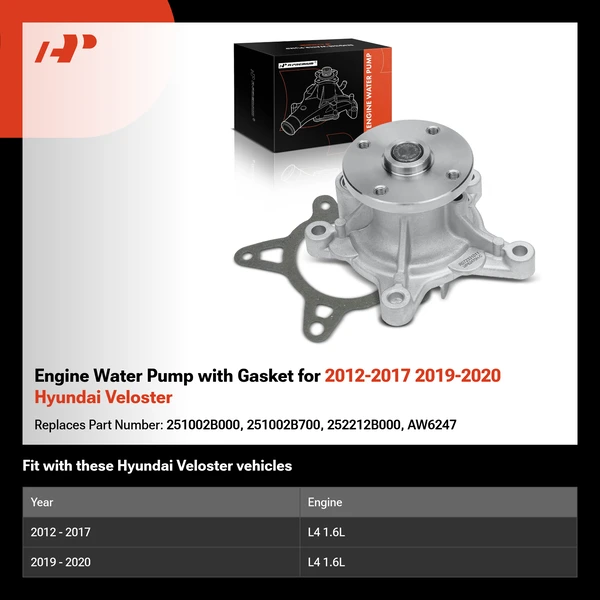 Engine Water Pump with Gasket for 2012-2017 2019-2020 Hyundai Veloster