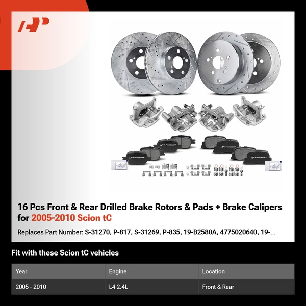 16 Pcs Front & Rear Drilled Brake Rotors & Pads + Brake Calipers for 2005-2010 Scion tC