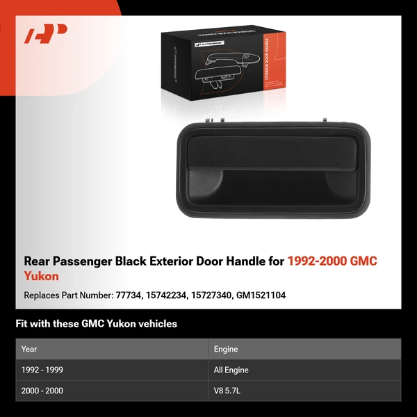 Rear Passenger Black Exterior Door Handle for 1992-2000 GMC Yukon