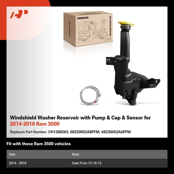 Windshield Washer Reservoir with Pump & Cap & Sensor for 2014-2018 Ram 3500