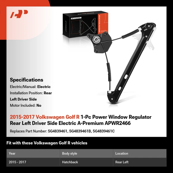 2015-2017 Volkswagen Golf R 1-Pc Power Window Regulator Rear Left Driver Side Electric A-Premium APWR2466